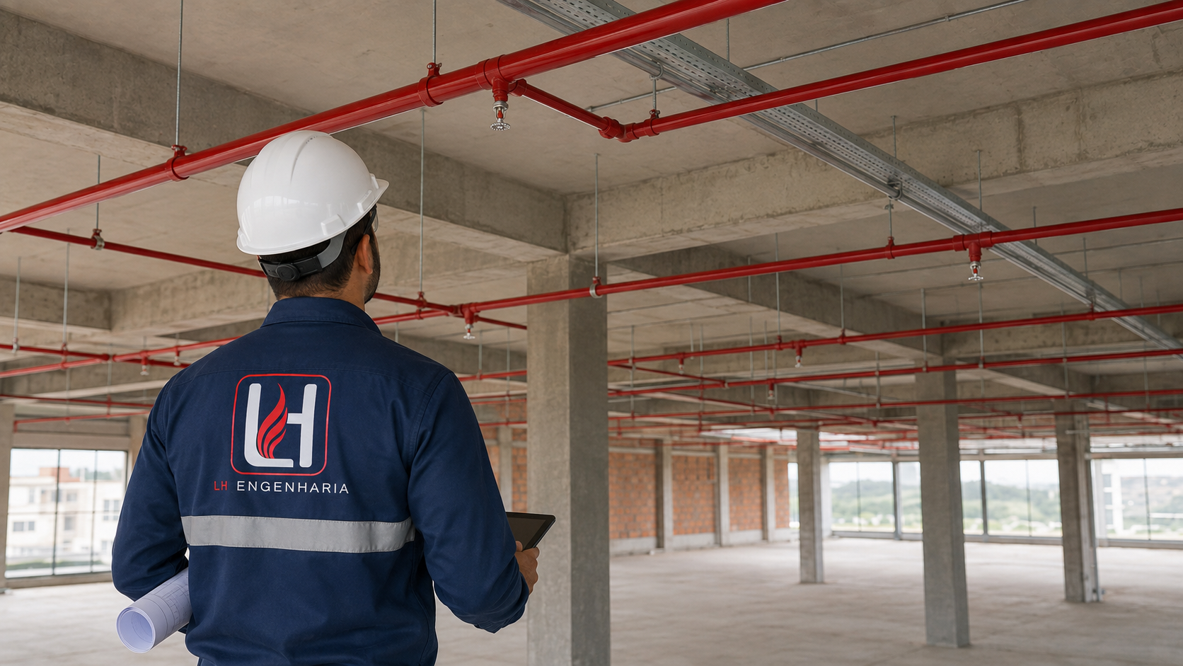Engenheiro LH Engenharia em obra, inspecionando sistema de combate a incêndio