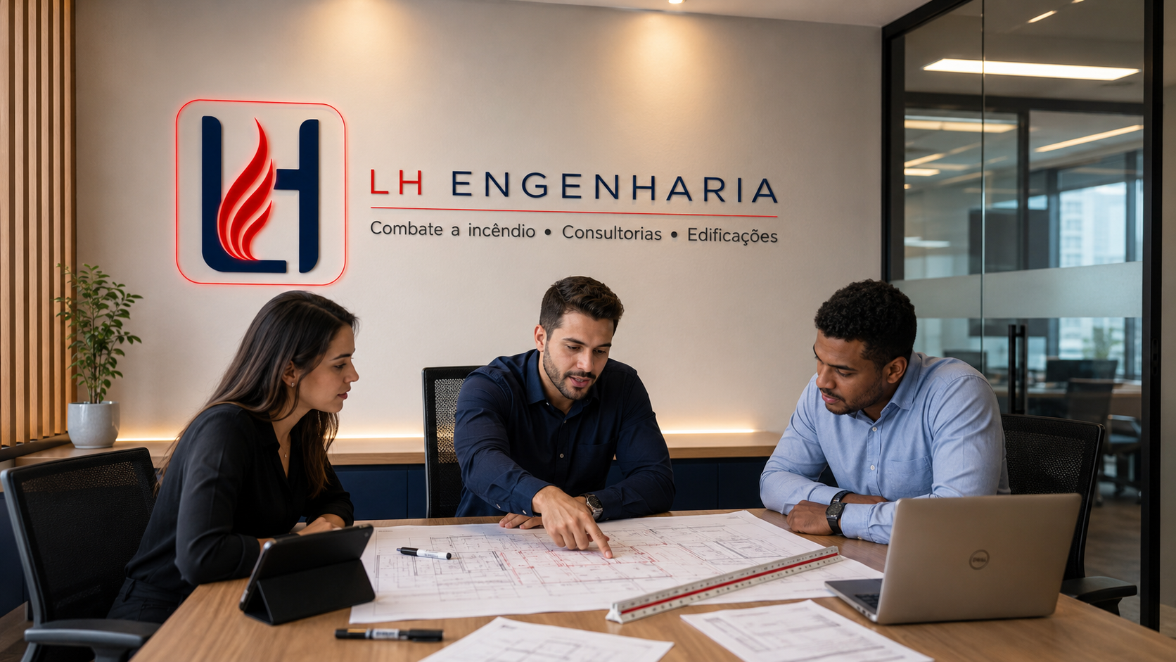 Equipe LH Engenharia em reunião de projeto
