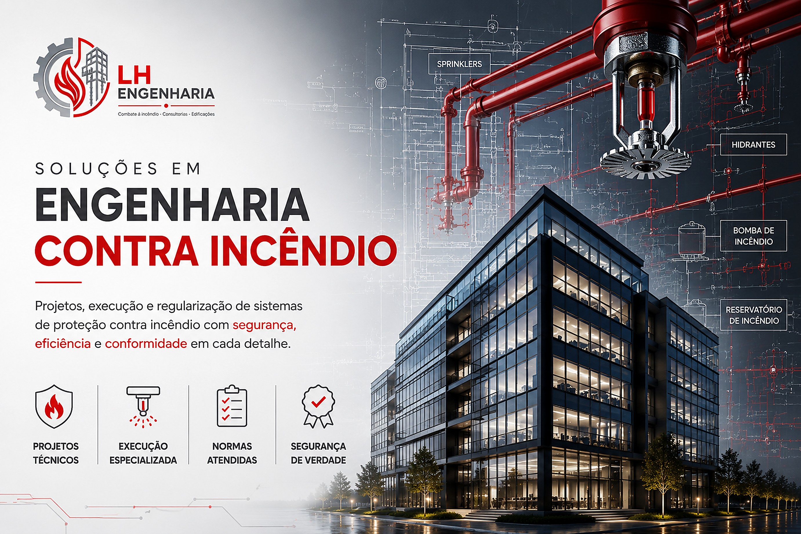 LH Engenharia — Soluções completas em prevenção e combate a incêndio: projetos técnicos, execução especializada, normas atendidas e segurança de verdade.